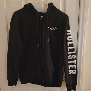 Hollister Black Zip Up Sweater with Vertical Sleeve Branding